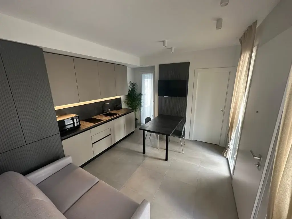 Moderno monolocale con cucina completa e workstation dedicata, ideale per visitatori della Fiera di Rimini a Marina Centro.