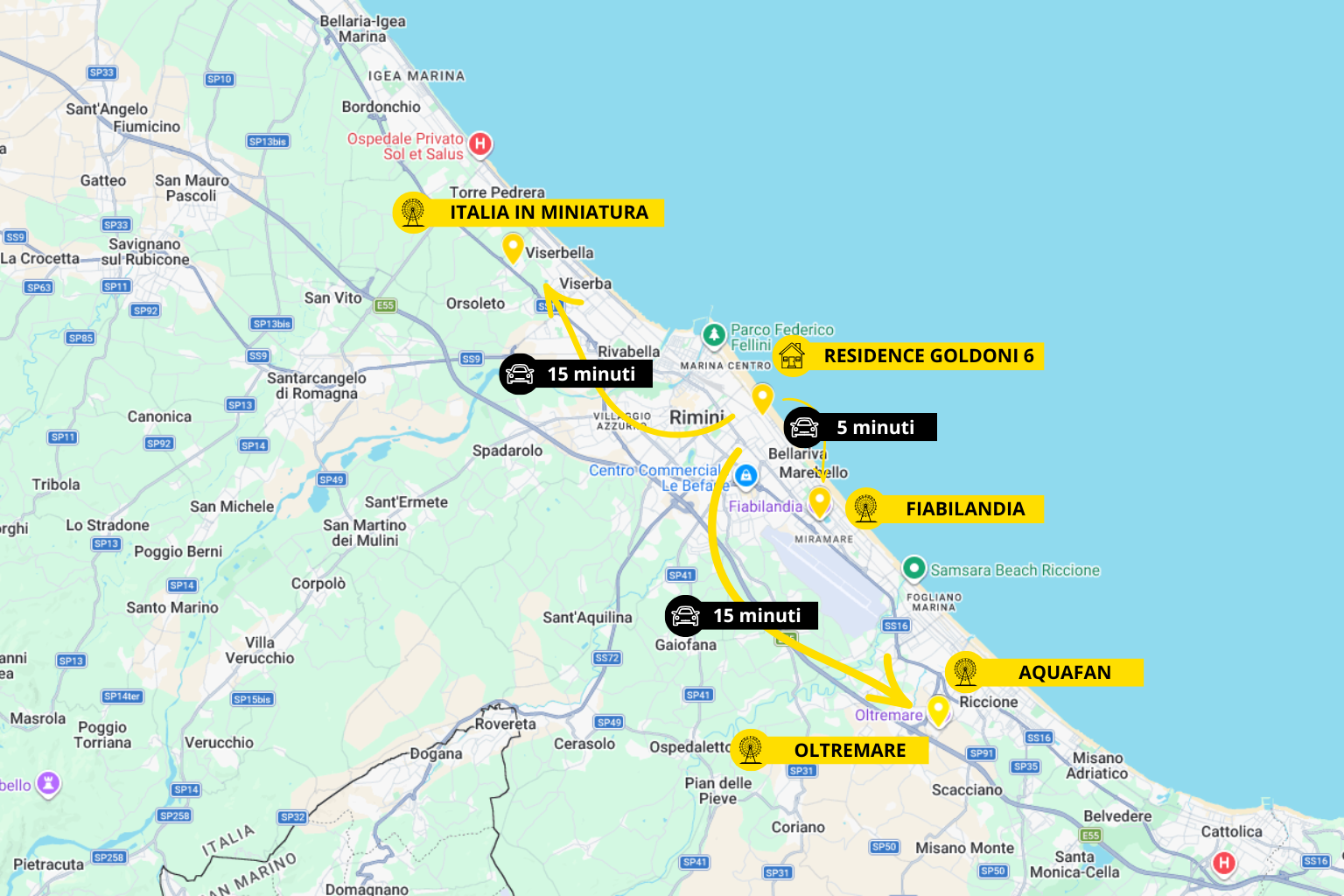 Mappa dei parchi divertimento della Romagna con evidenziata la posizione strategica di Goldoni 6 a Rimini.