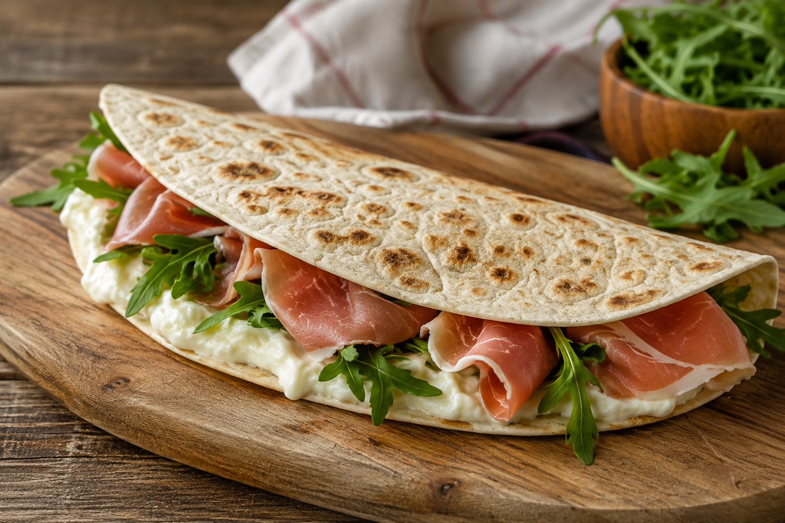 Una piadina riminese stesa a mano e farcita con prosciutto crudo a fette sottili, squacquerone cremoso e rucola fresca, servita calda su un tagliere rustico.